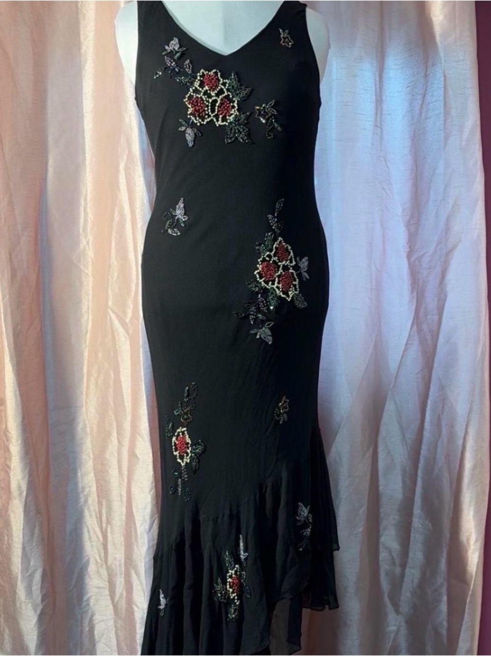 Sue Wong Black Midi Dress with Red and Green Beaded Floral Appliqué